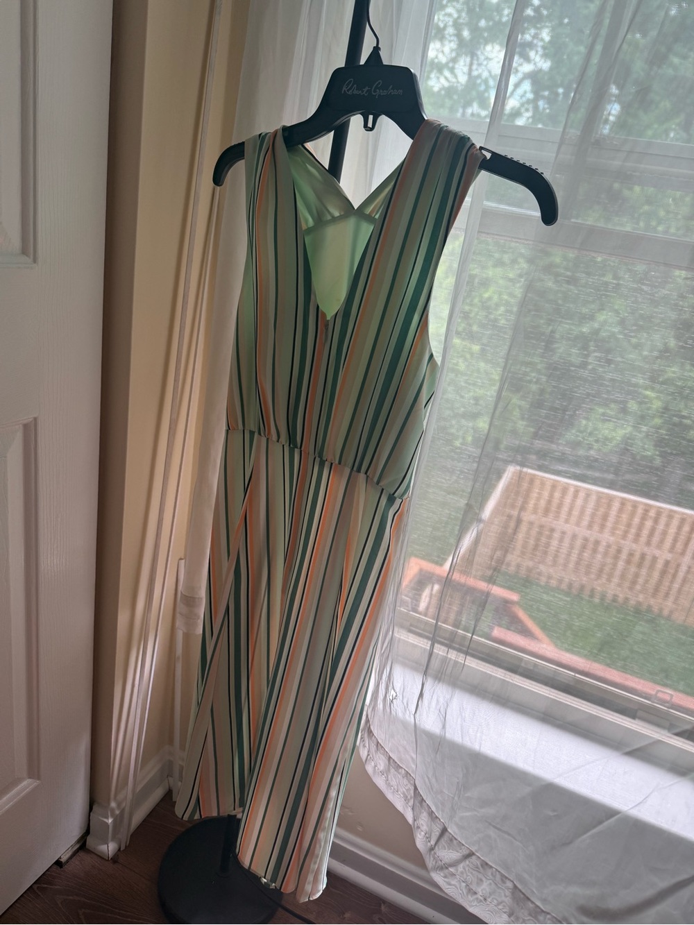 Ann Taylor Striped V-Neck Sleeveless Midi Dress - Green & Peach